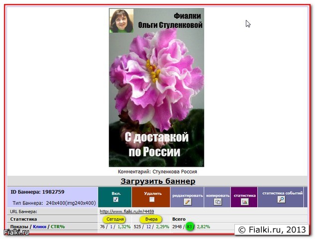 Статистика показа баннера Ольги Стуленковой, на 10 ч. 4 сентября