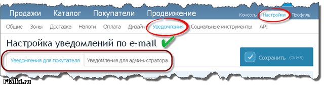 Меню «67 Настройка уведомлений по e-mail», Эквид (Ecwid)